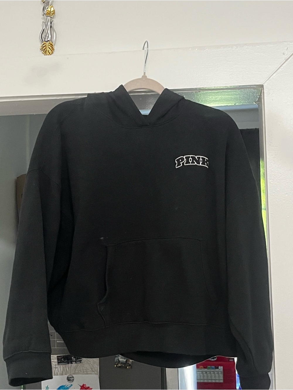 PINK Victoria's Secret Black Pullover Cropped Hoodie with Chest Logo